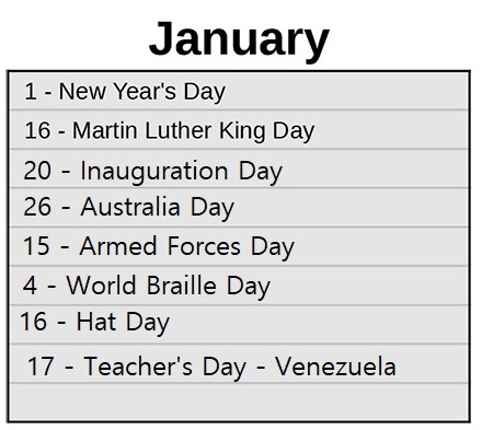 January holidays list
